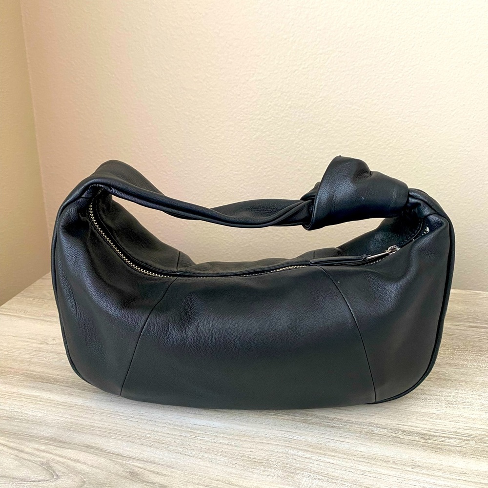 Massimo Dutti Women Black Nappa Leather Croissant Bag